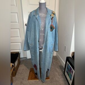 Sun Belt vintage denim duster coat with birdhouses